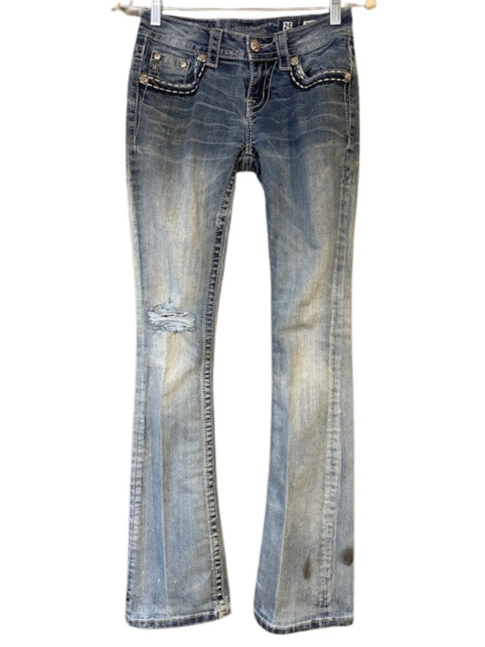Miss Me Light Wash Distressed Flare Jeans | Embroidered Wing Pockets | Size 25